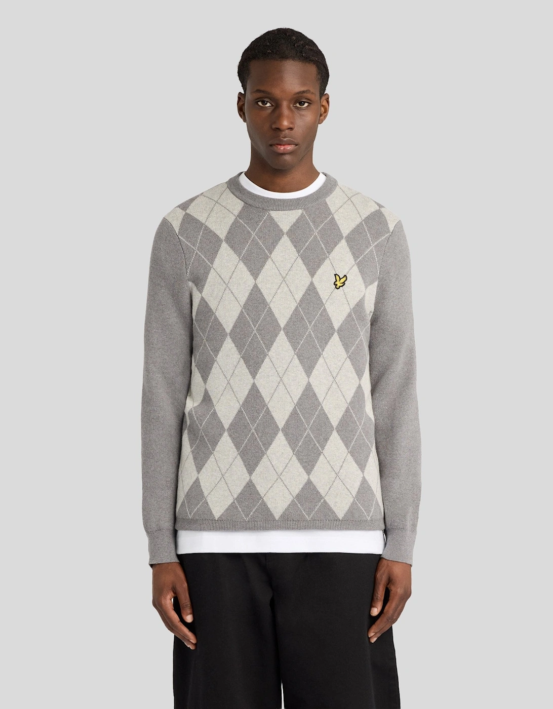 Lyle & Scott Men's Mid Grey Marl/Light Grey Marl Cotton Merino Argyle Jumper - Image 5