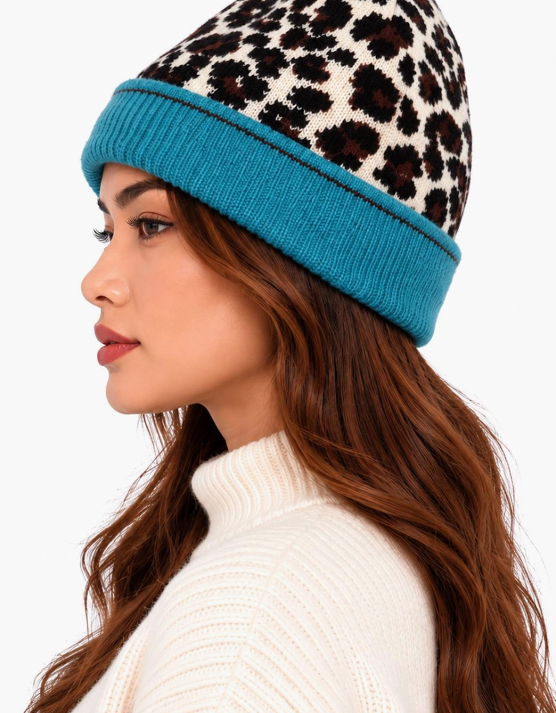 Multi Ladies Animal Beanie Contrast Cuff Hat