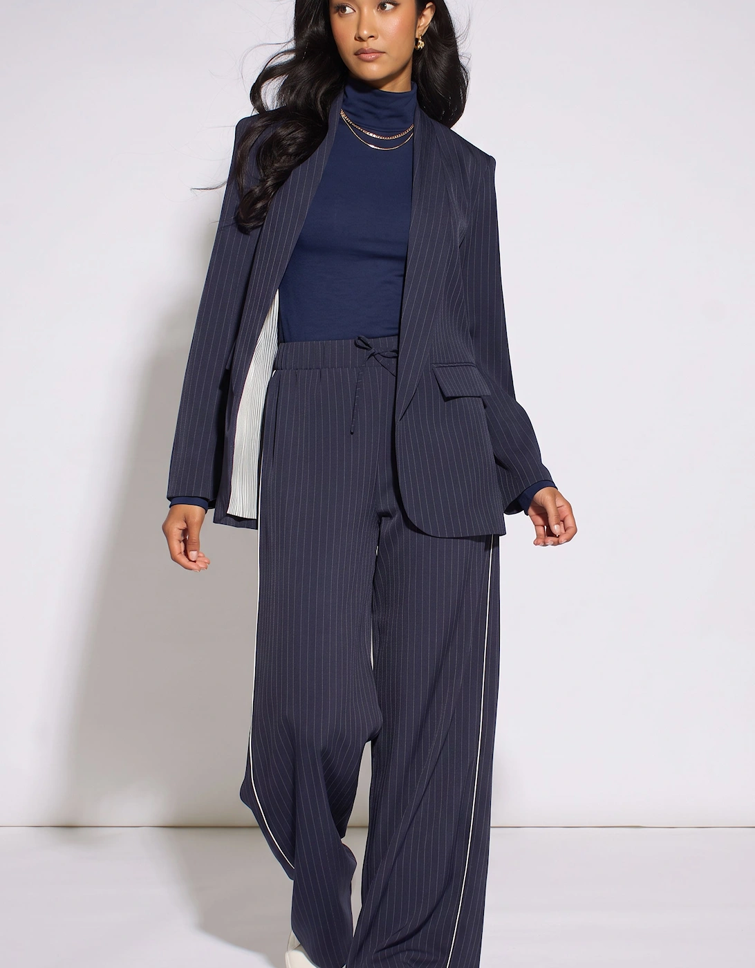 Navy Drawstring Pinstripe Wide Leg Jogger