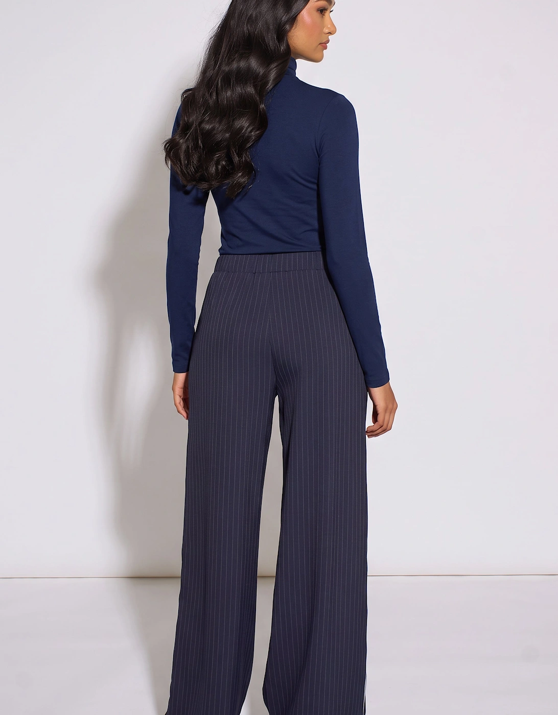 Navy Drawstring Pinstripe Wide Leg Jogger