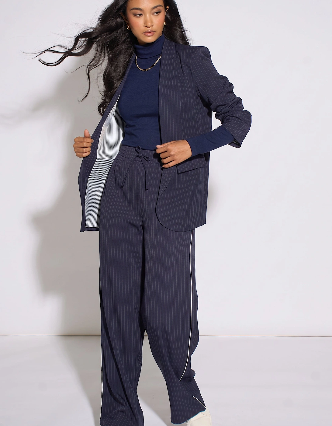 Navy Drawstring Pinstripe Wide Leg Jogger