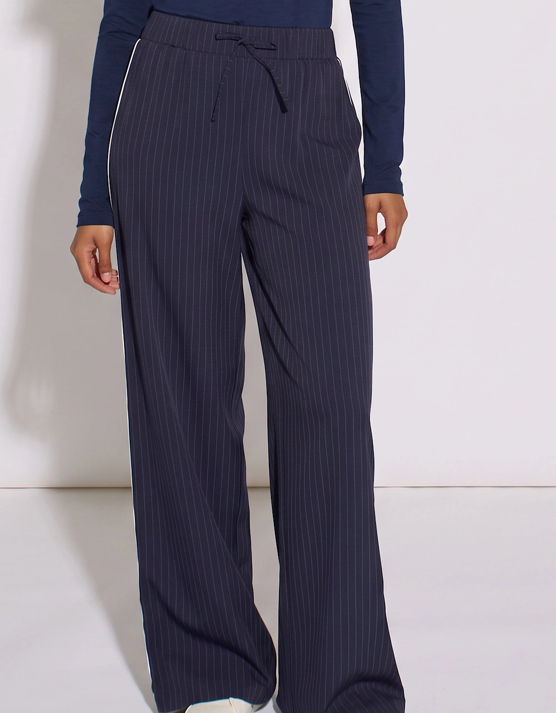 Navy Drawstring Pinstripe Wide Leg Jogger