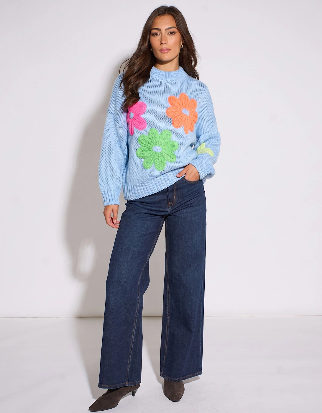 Blue Floral Crochet Chunky Knit Oversized Jumper