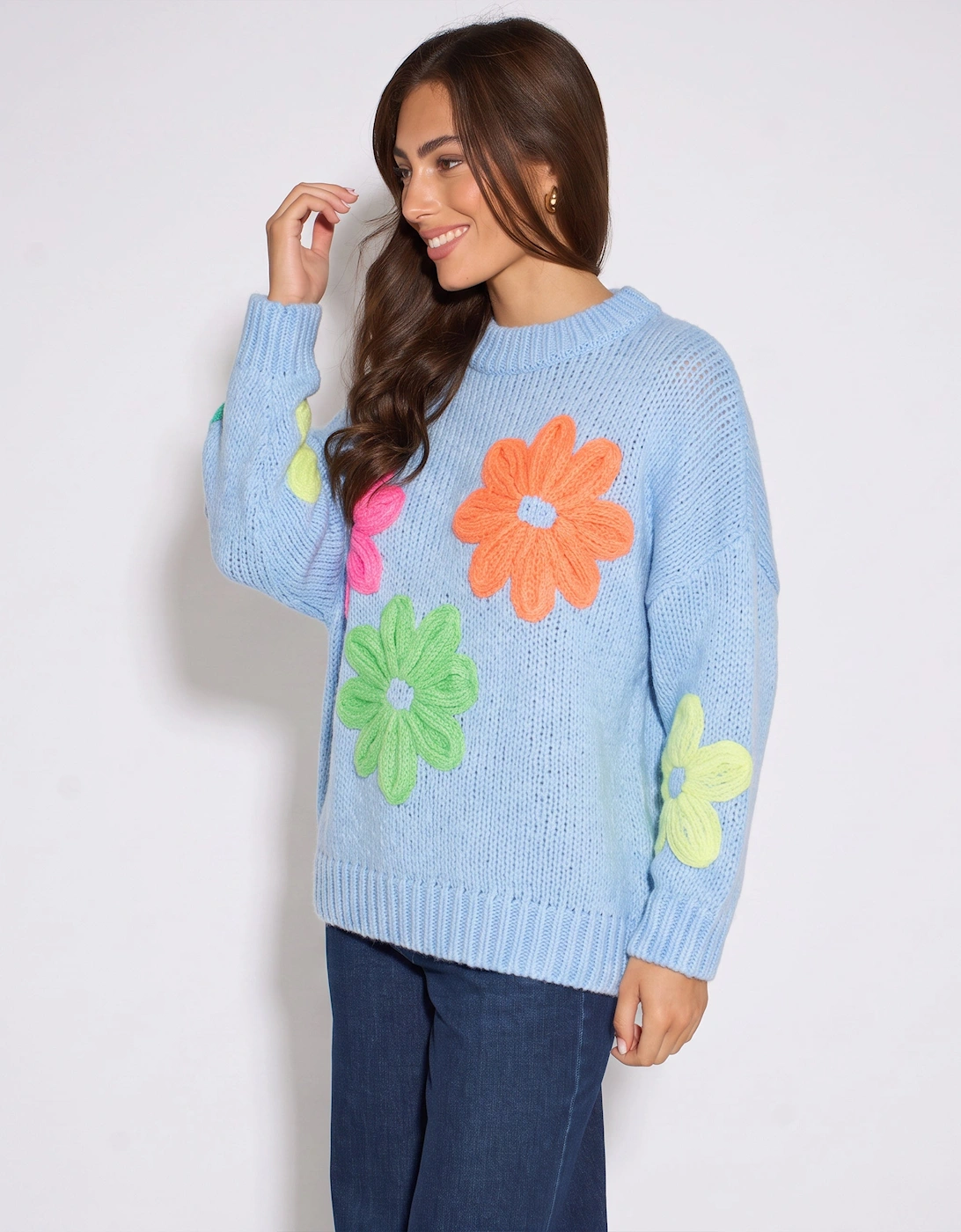 Blue Floral Crochet Chunky Knit Oversized Jumper