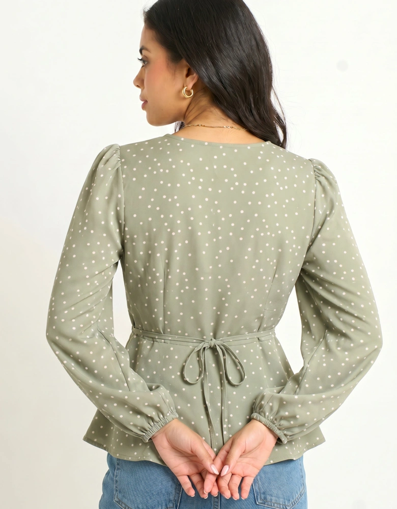 Green V Neck Spot Print Button Front Blouse