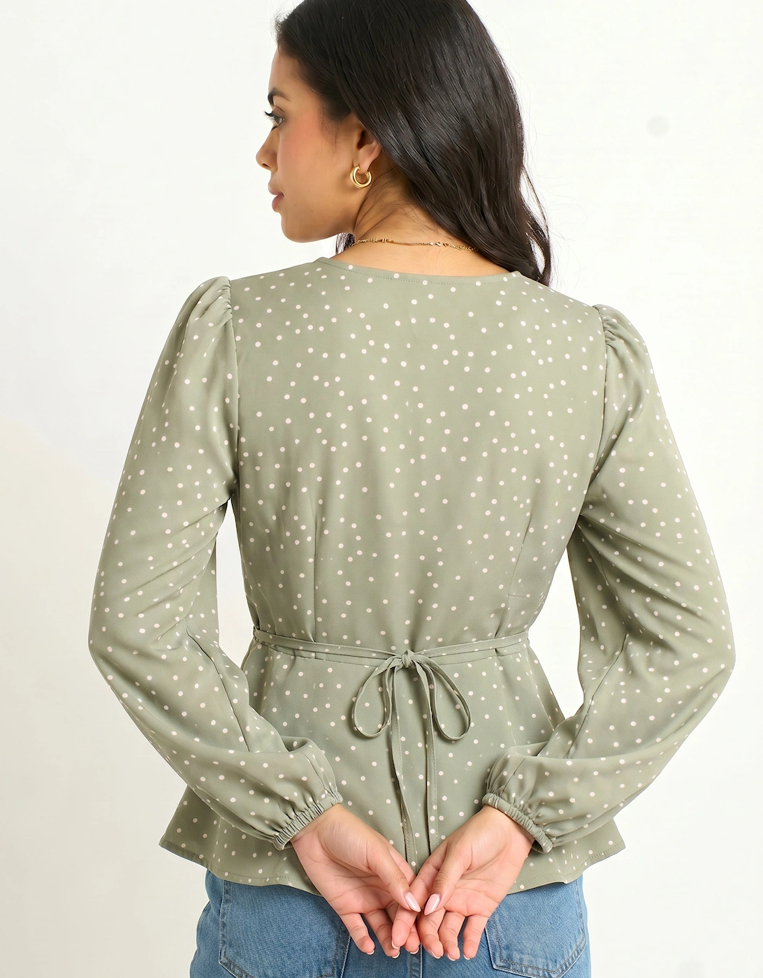 Green V Neck Spot Print Button Front Blouse