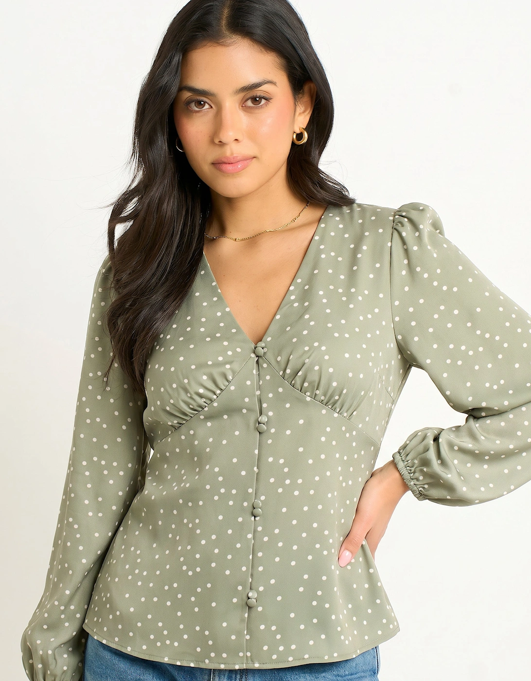 Green V Neck Spot Print Button Front Blouse