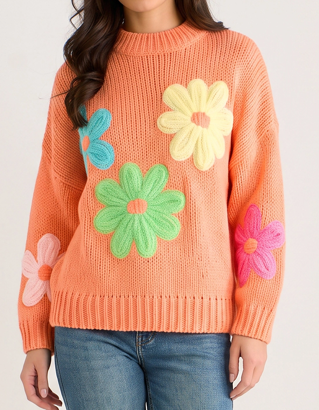 Orange Floral Crochet Chunky Knit Oversized Jumper