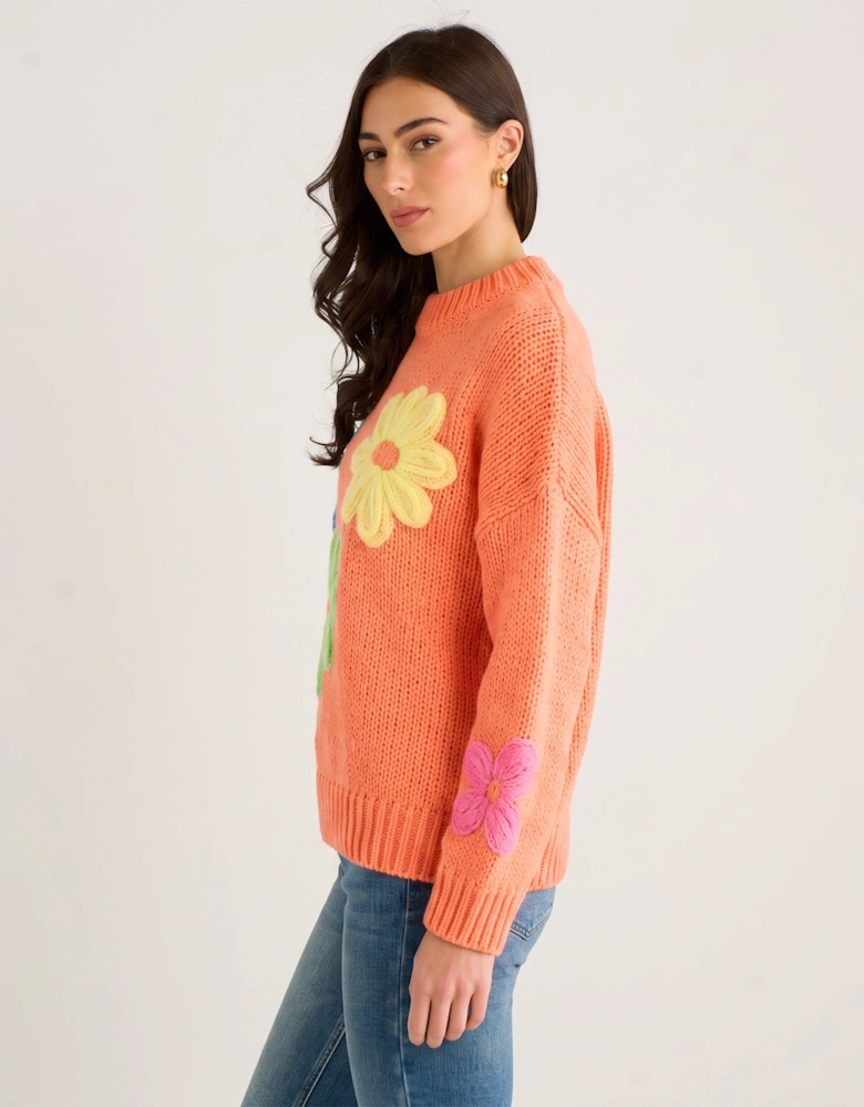 Orange Floral Crochet Chunky Knit Oversized Jumper