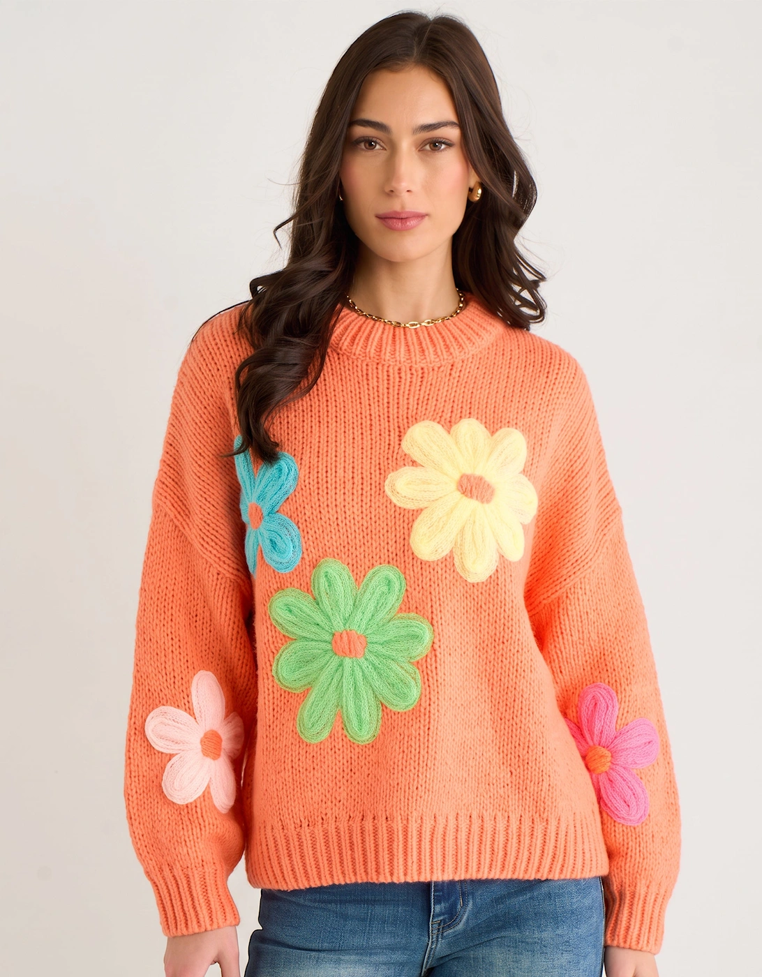 Orange Floral Crochet Chunky Knit Oversized Jumper