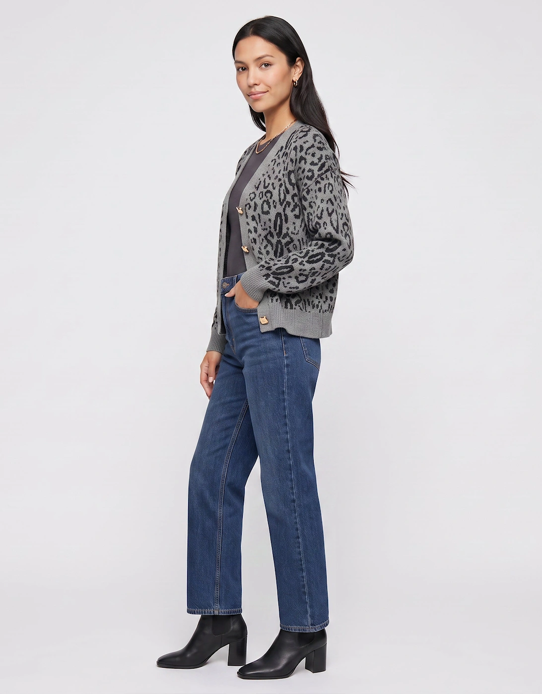 Grey Animal Print Wool Mix Cardigan