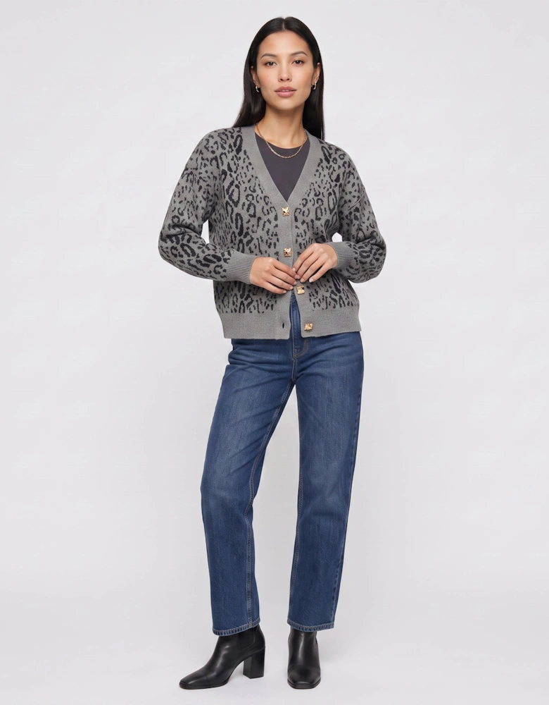 Grey Animal Print Wool Mix Cardigan