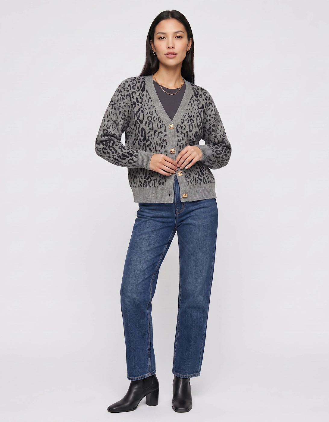 Grey Animal Print Wool Mix Cardigan