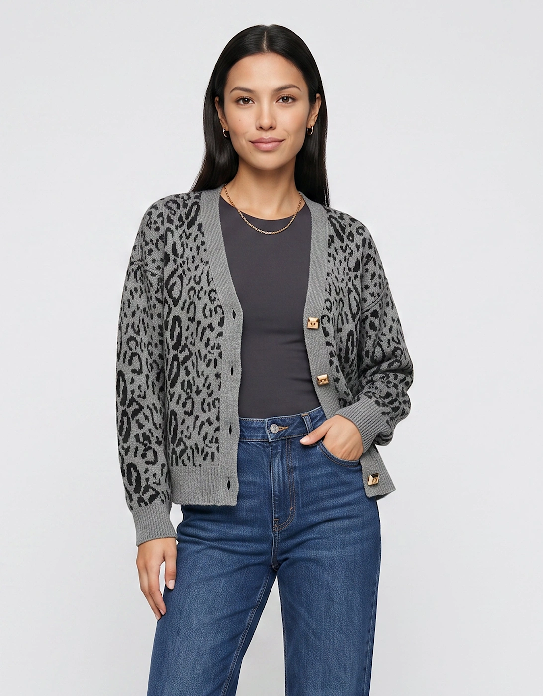 Grey Animal Print Wool Mix Cardigan