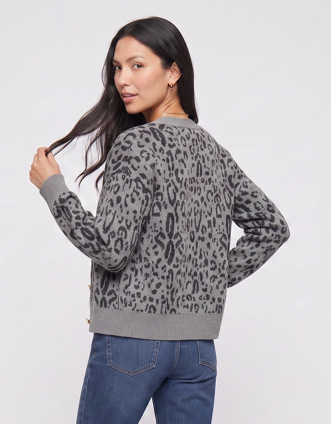 Grey Animal Print Wool Mix Cardigan