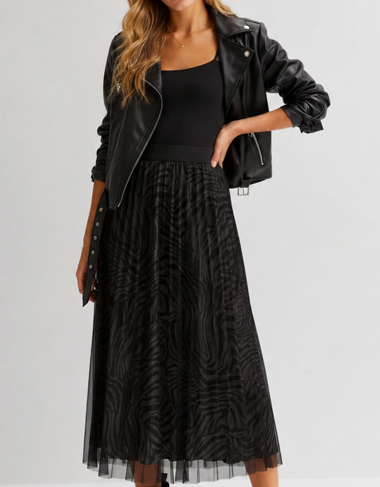 Black Animal Print Mesh Overlay Pleated Midi Skirt