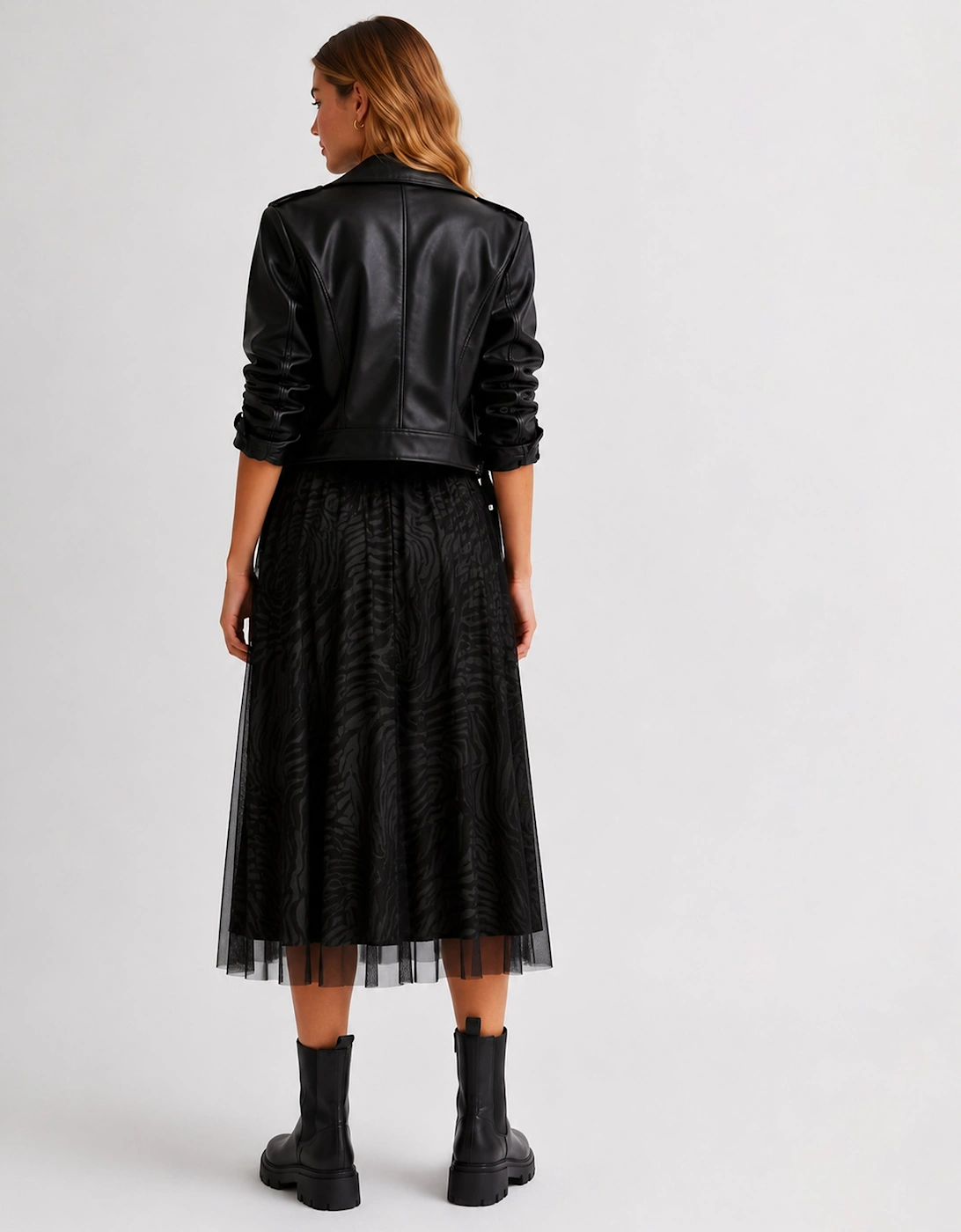 Black Animal Print Mesh Overlay Pleated Midi Skirt