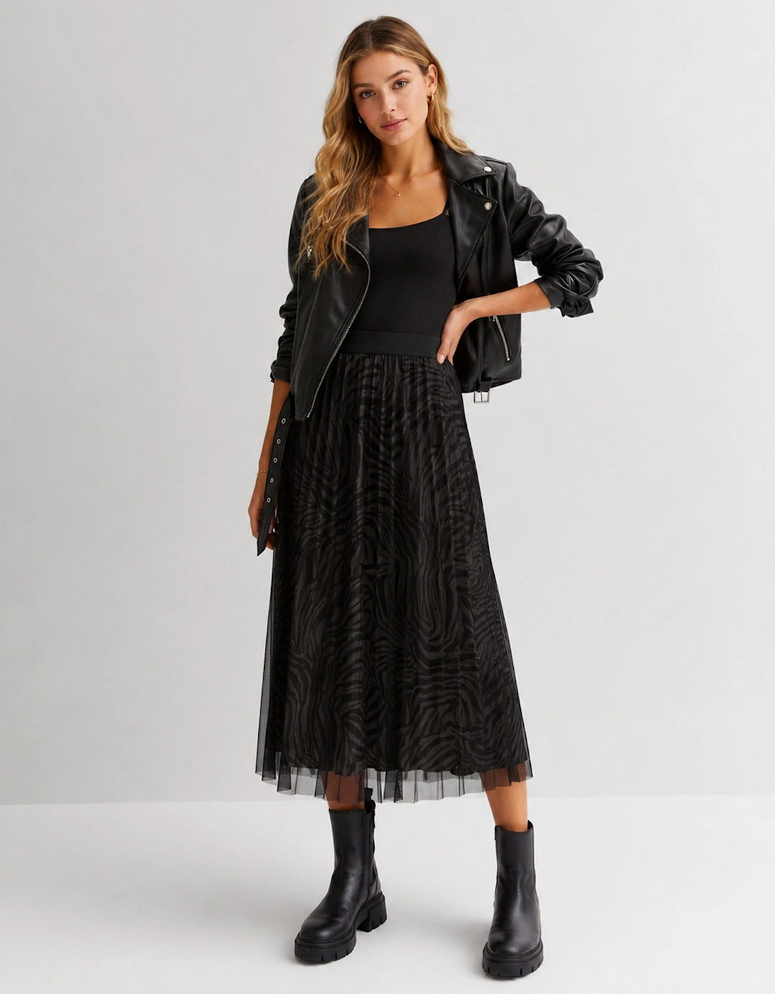 Black Animal Print Mesh Overlay Pleated Midi Skirt