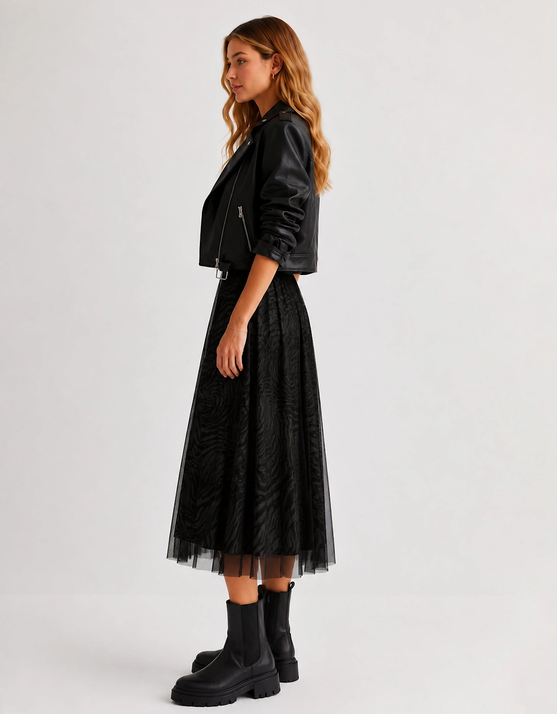 Black Animal Print Mesh Overlay Pleated Midi Skirt