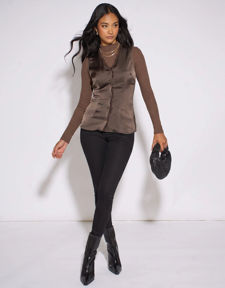 Brown Satin Sleeveless Waistcoat Top