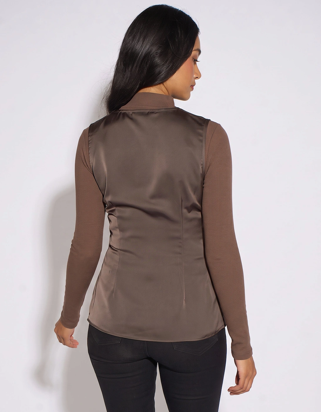 Brown Satin Sleeveless Waistcoat Top