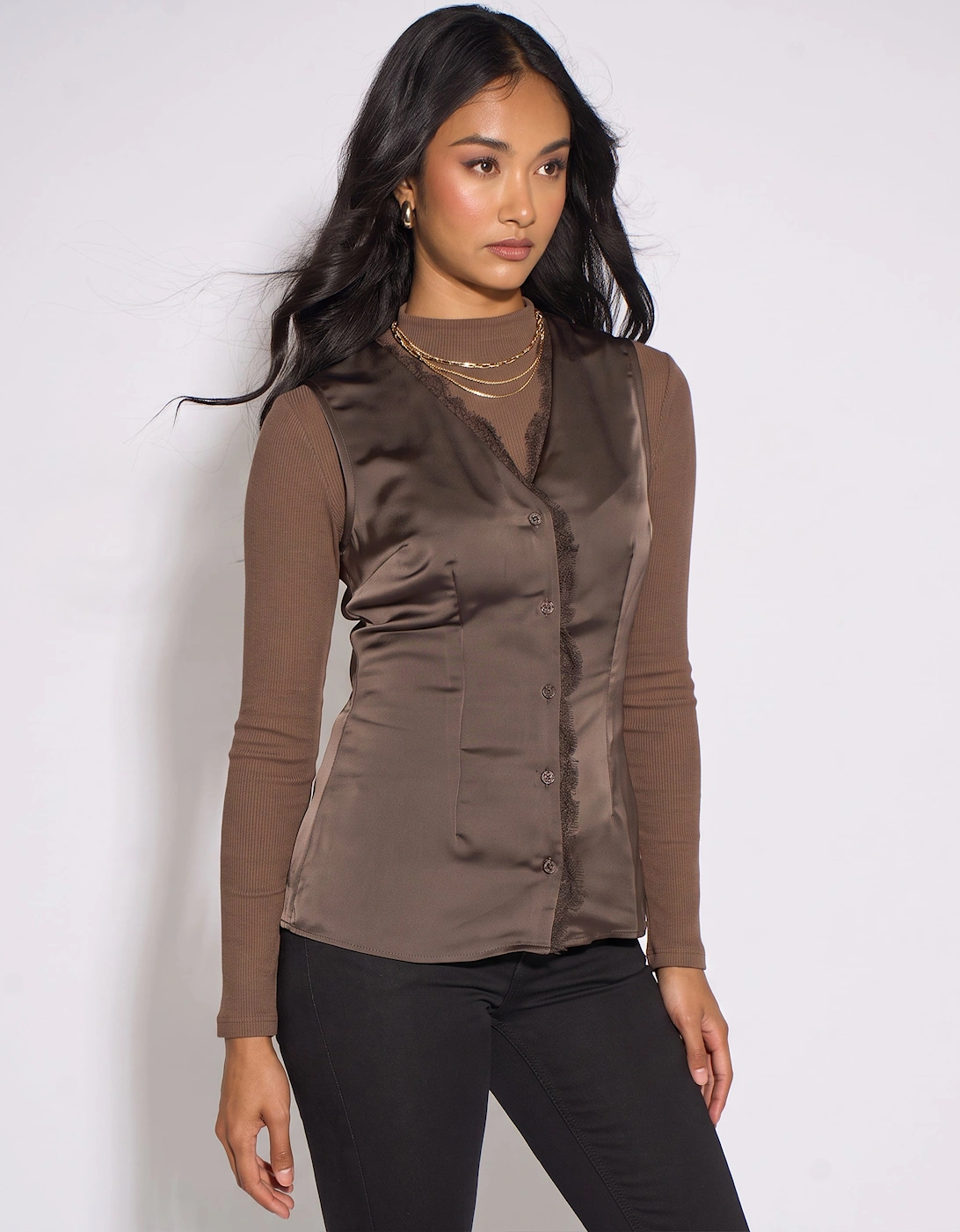 Brown Satin Sleeveless Waistcoat Top