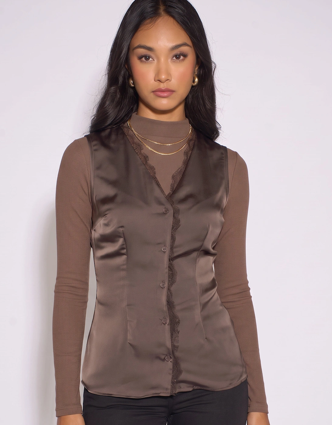 Brown Satin Sleeveless Waistcoat Top