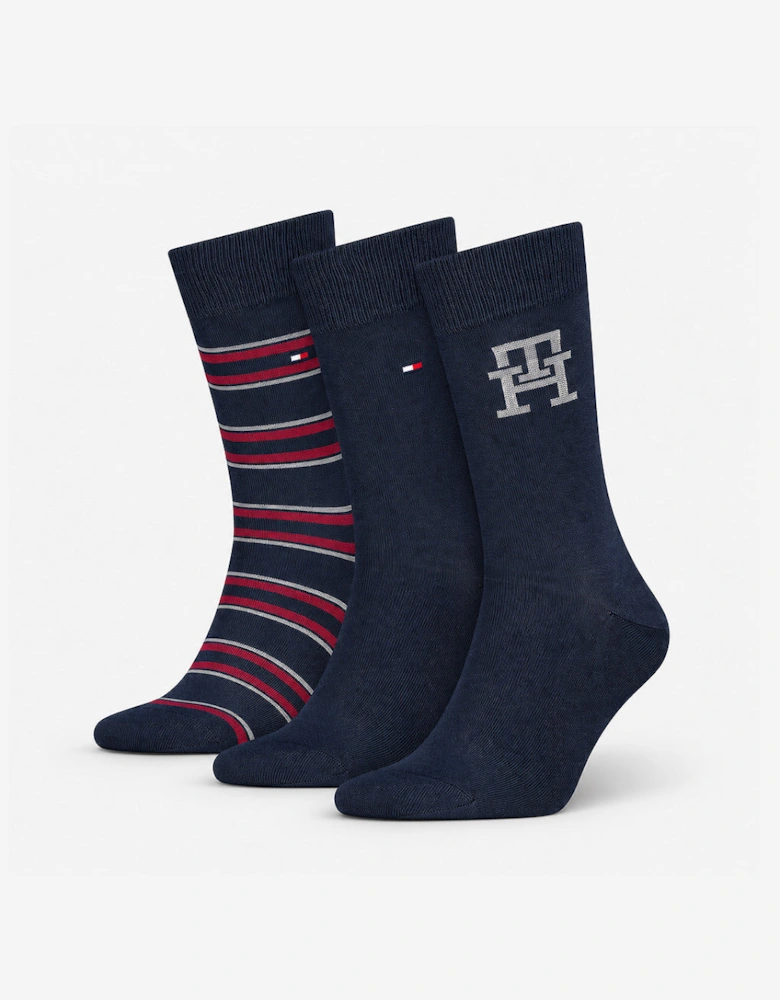 Tommy Hilfiger 3 Pack Giftbox Monogram Stripe Mens Crew Socks Navy