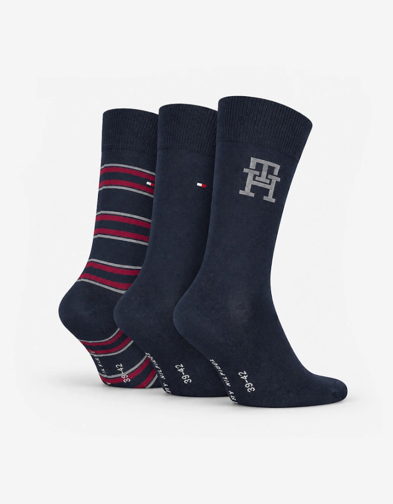 Tommy Hilfiger 3 Pack Giftbox Monogram Stripe Mens Crew Socks Navy