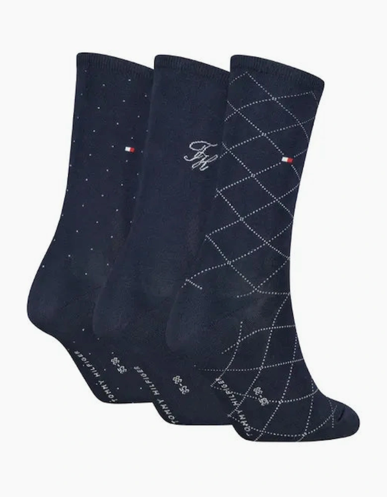 Tommy Hilfiger 3 Pack Giftbox Monogram Womens Crew Socks Navy