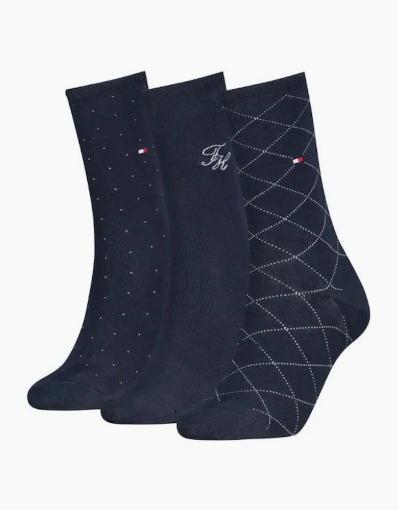 Tommy Hilfiger 3 Pack Giftbox Monogram Womens Crew Socks Navy