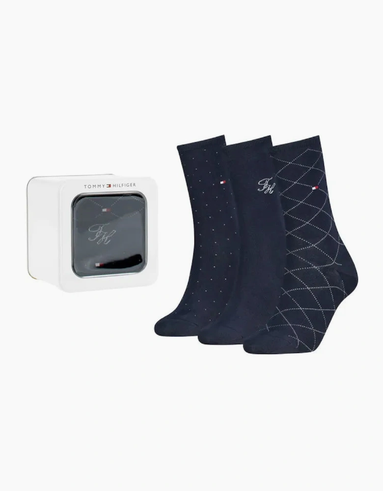 Tommy Hilfiger 3 Pack Giftbox Monogram Womens Crew Socks Navy