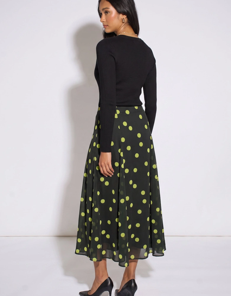 Green Lime Spot Satin Godet Midi Skirt