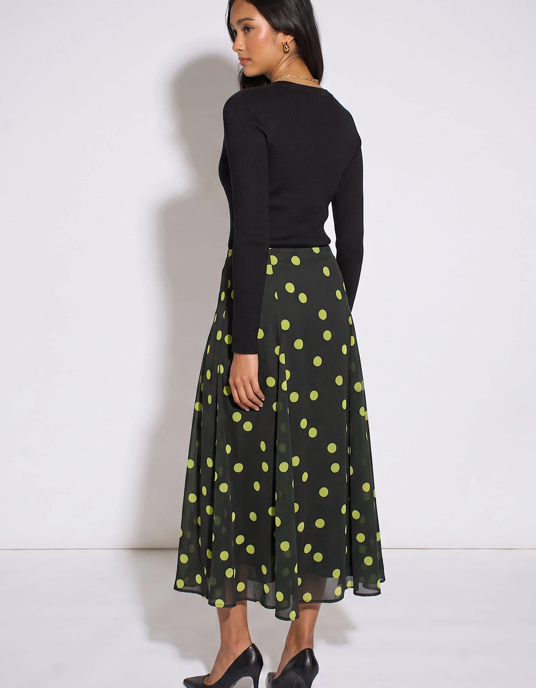 Green Lime Spot Satin Godet Midi Skirt