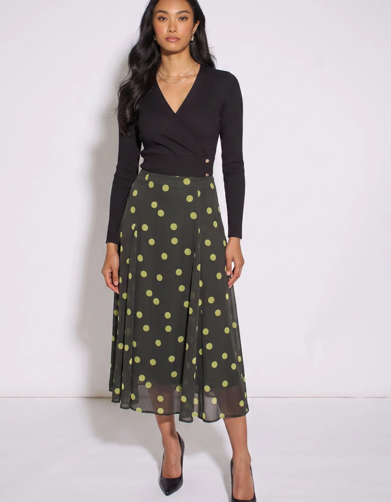 Green Lime Spot Satin Godet Midi Skirt