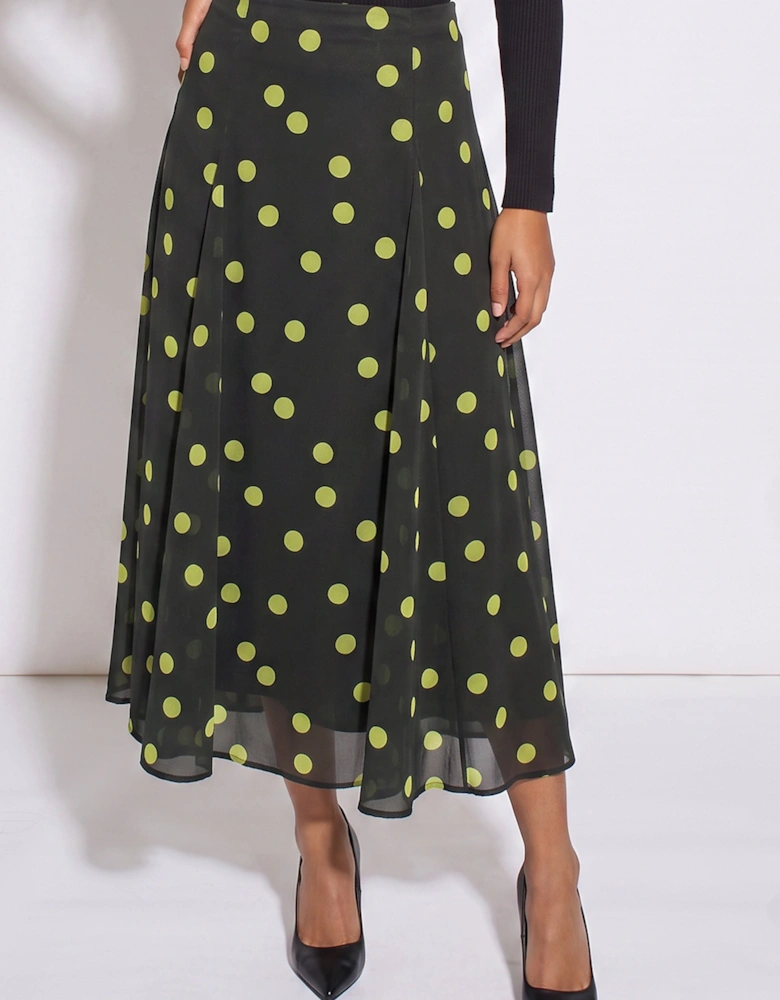 Green Lime Spot Satin Godet Midi Skirt