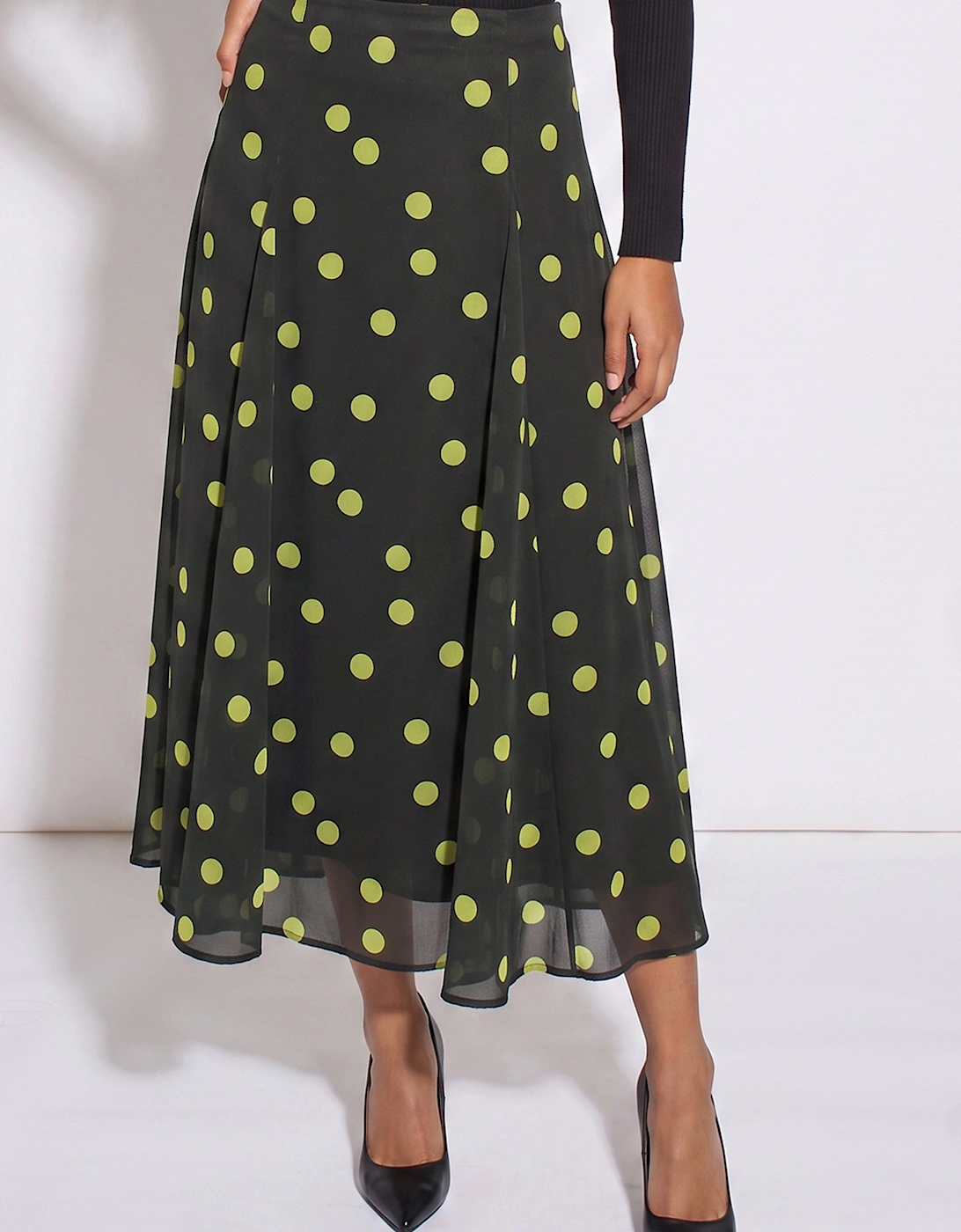 Green Lime Spot Satin Godet Midi Skirt