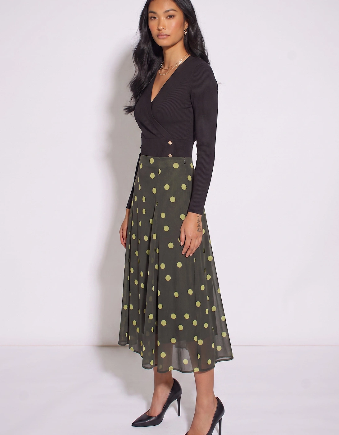 Green Lime Spot Satin Godet Midi Skirt
