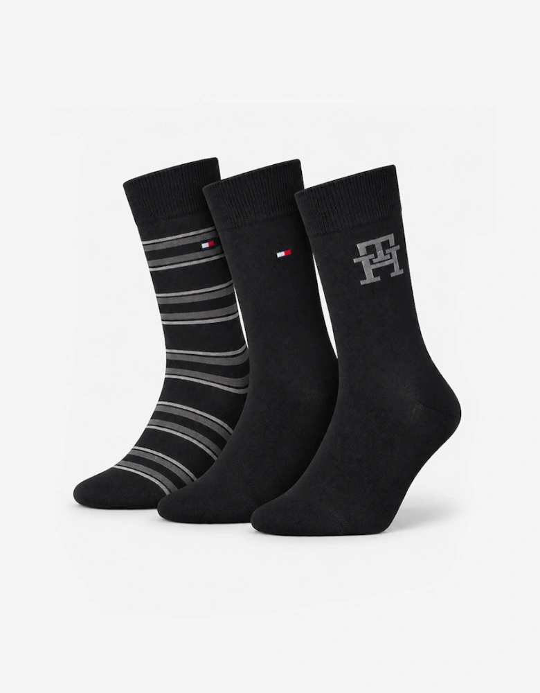 Tommy Hilfiger 3 Pack Giftbox Monogram Stripe Mens Crew Socks Black