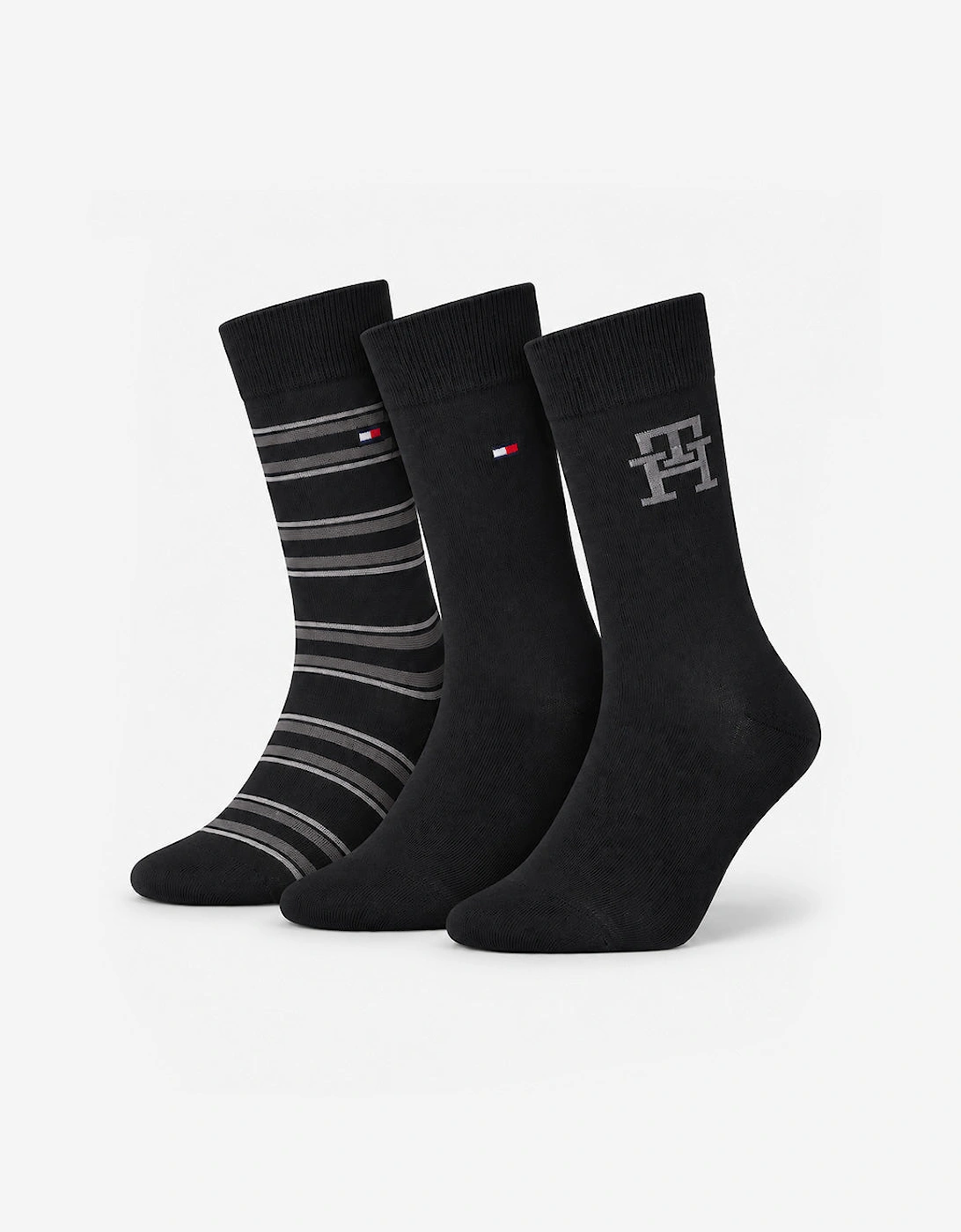 Tommy Hilfiger 3 Pack Giftbox Monogram Stripe Mens Crew Socks Black