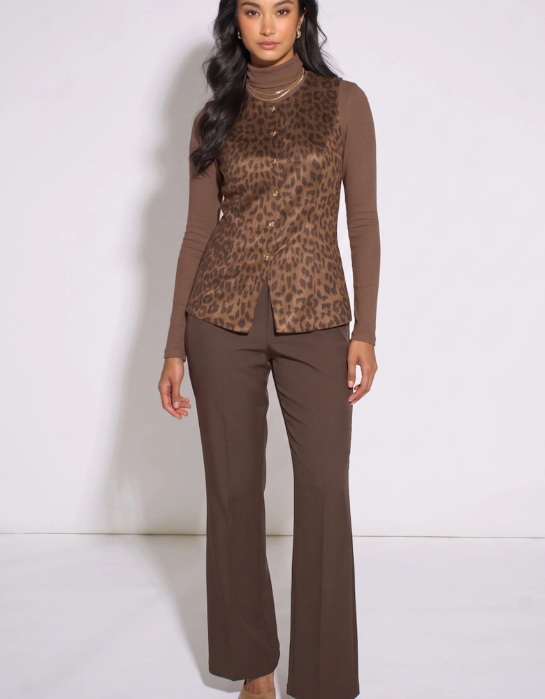 Brown Animal Print Button Waistcoat Top