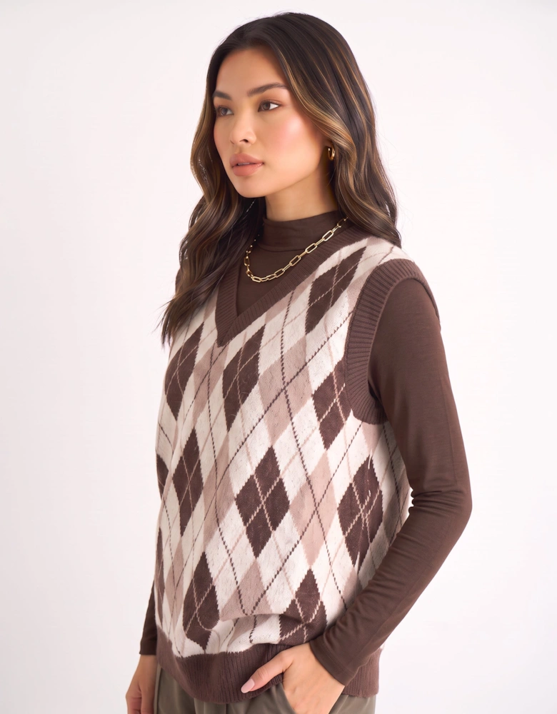 Chocolate Argyle Knit Vest Jumper