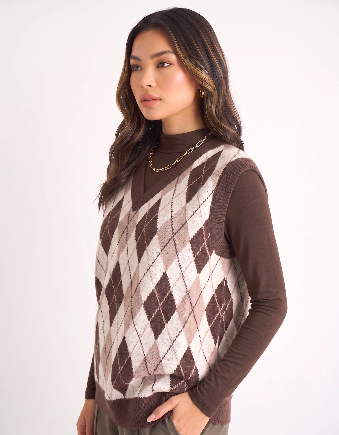 Chocolate Argyle Knit Vest Jumper