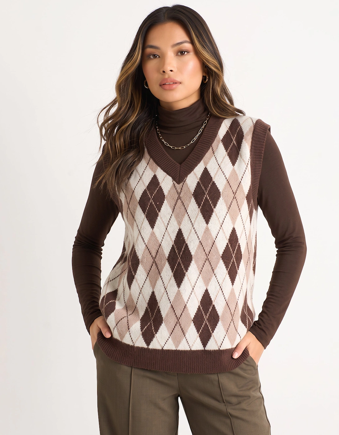 Chocolate Argyle Knit Vest Jumper