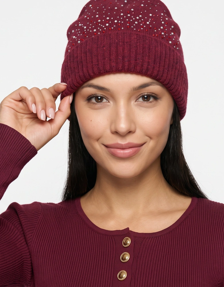 Burgundy Ladies Embellished Beanie Hat