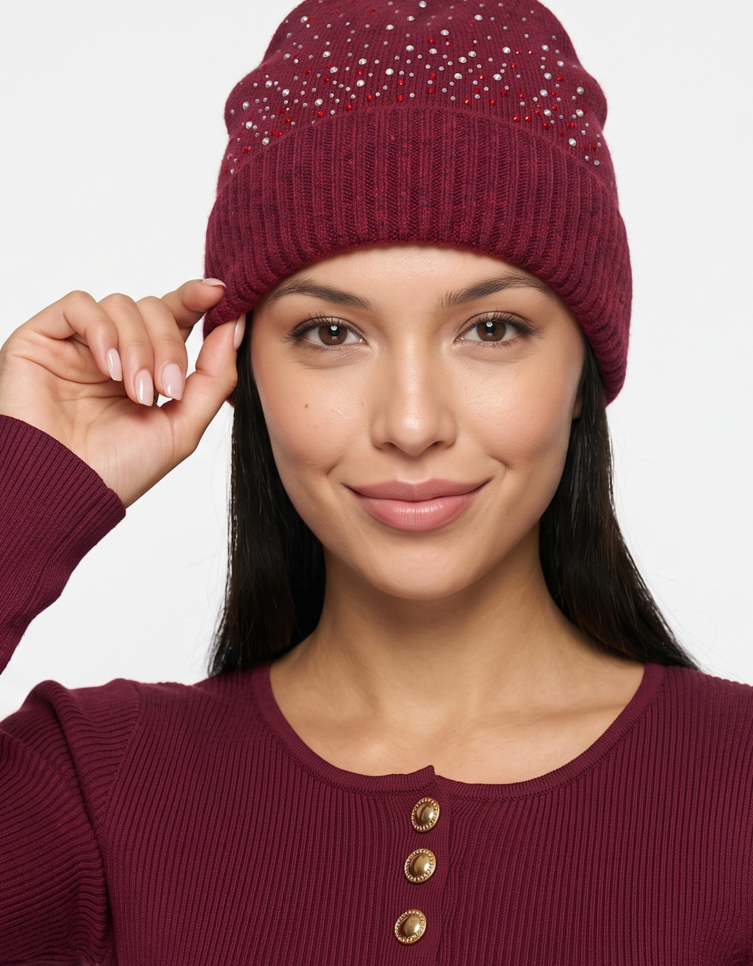 Burgundy Ladies Embellished Beanie Hat