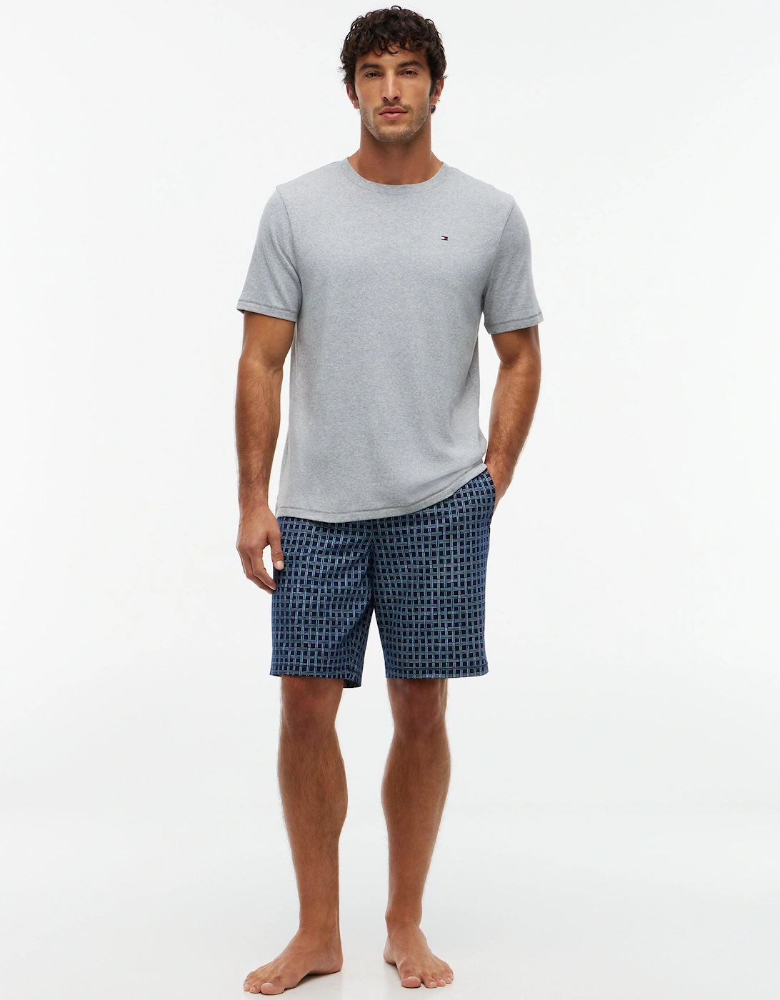 Tommy Hilfiger Short Jersey Print Mens Pyjama Set - White/Linear Flag Grid
