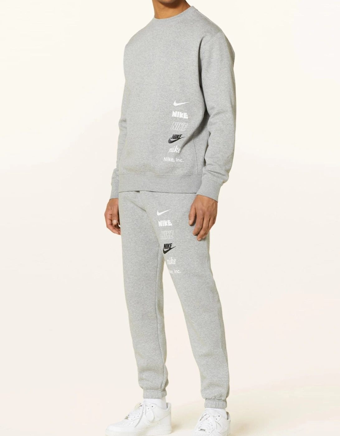 Nike Mens ClubFleece Plus Small Logo Crewneck Full Tracksuit Set in Grey