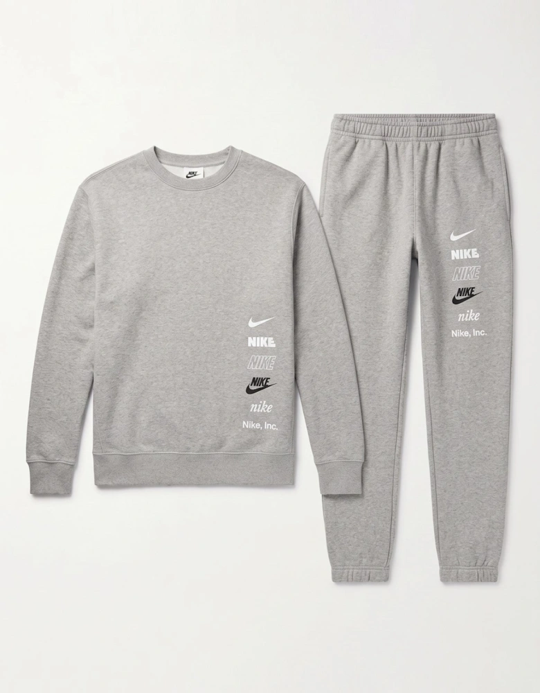 Nike Mens ClubFleece Plus Small Logo Crewneck Full Tracksuit Set in Grey