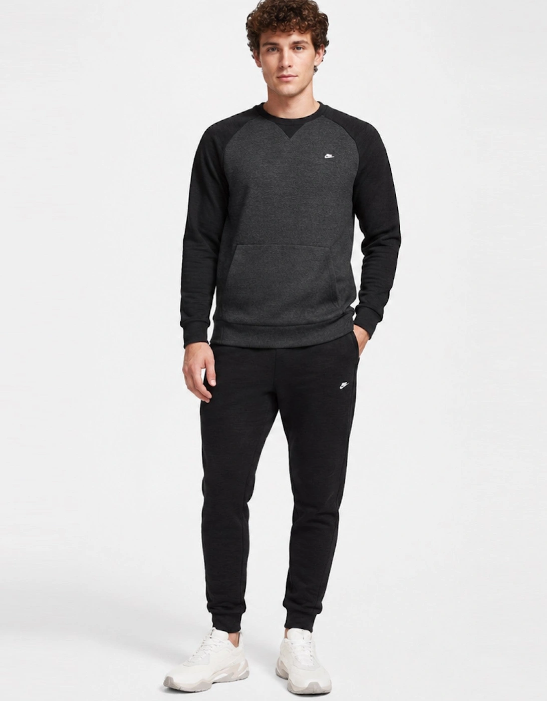 Nike Mens Sportswear Optic Fleece Crewneck Full Tracksuit Set in Black